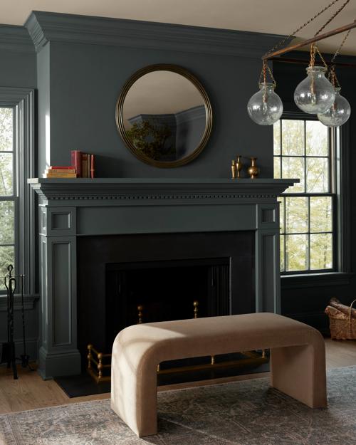 Fireplace and Mantel Featuring Sonal Mirror, Ersa Rug and Olsen Bench