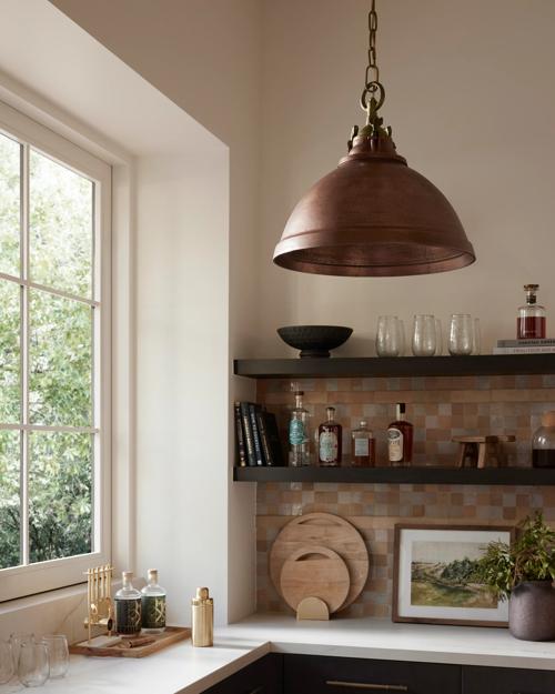 Kitchen countertop featuring Leora pendant light and Countryside Scenery Artwork