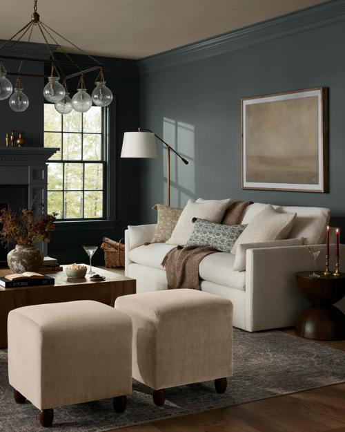 Living room featuring Leighton Sofa, Chase Cube Ottoman and Ersa Rug