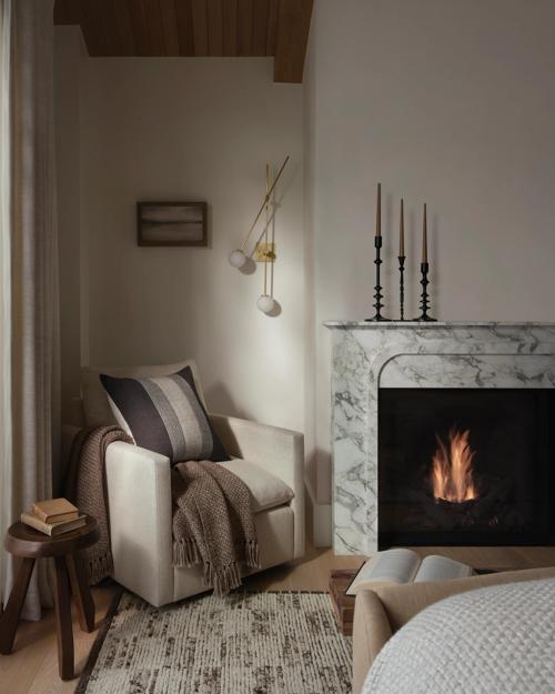 Bedroom corner featuring Leighton Armchair and Elsie pillow