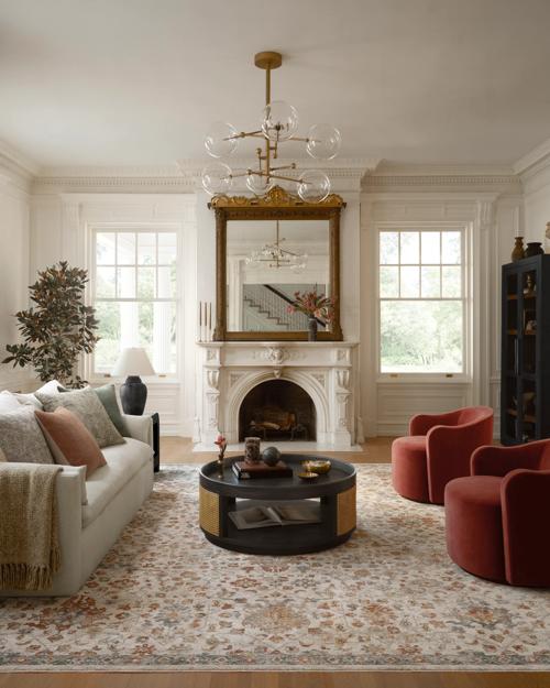 Living room featuring Bailey Swivel Chairs, Leighton Sofa, LaFayette Coffee Table and Davina Rug
