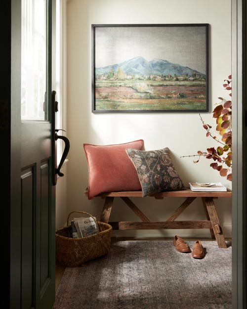 Mudroom featuring Anara pillow, Erlands bench and Althea Rug