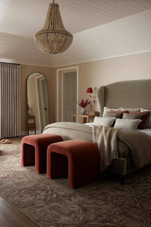 Bedroom featuring Coraline rug and Olson Velvet Stool