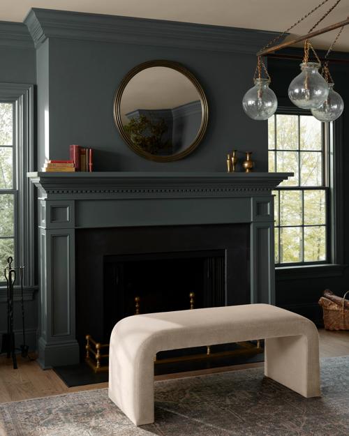 Fireplace and Mantel Featuring Sonal Mirror, Ersa Rug and Olsen Bench