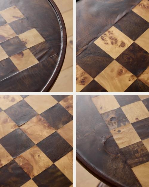 Crafted of oak and burl wood. Variations in the wood are to be expected, including knots, coloration, and texture. Checkerboard design is inlaid by hand, with potential for small gaps between the inlay and frame.