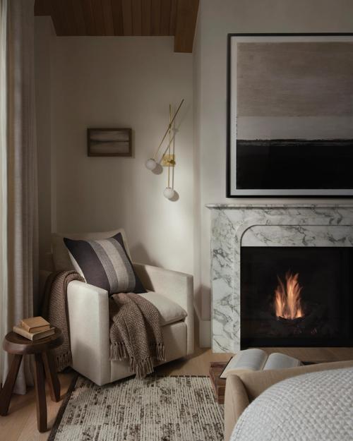 Bedroom corner featuring Leighton Armchair and Elsie pillow