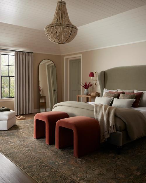 Bedroom featuring Coraline rug and Olson Velvet Stool
