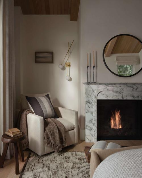 Bedroom corner featuring Leighton Armchair and Elsie pillow