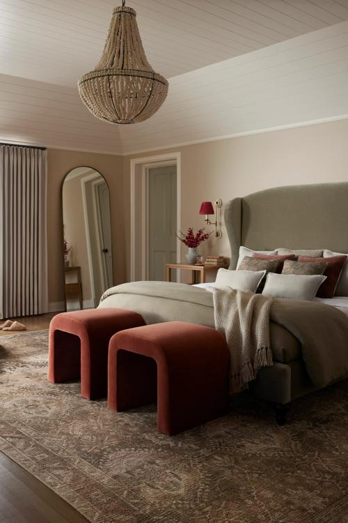 Bedroom featuring Dunia rug and Olson Velvet Stool